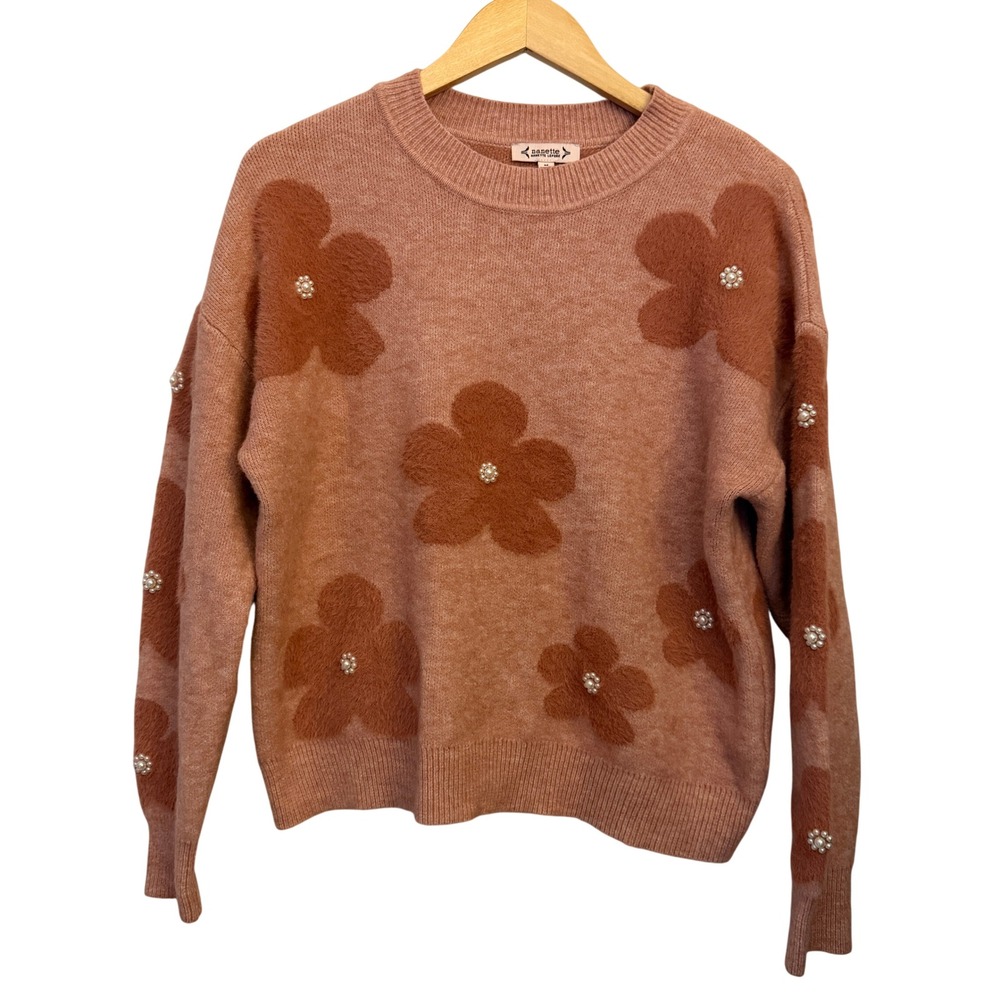 Nanette Lepore‎ Sweater Medium Pink Floral Pearl Embellished Excellent Fuzzy